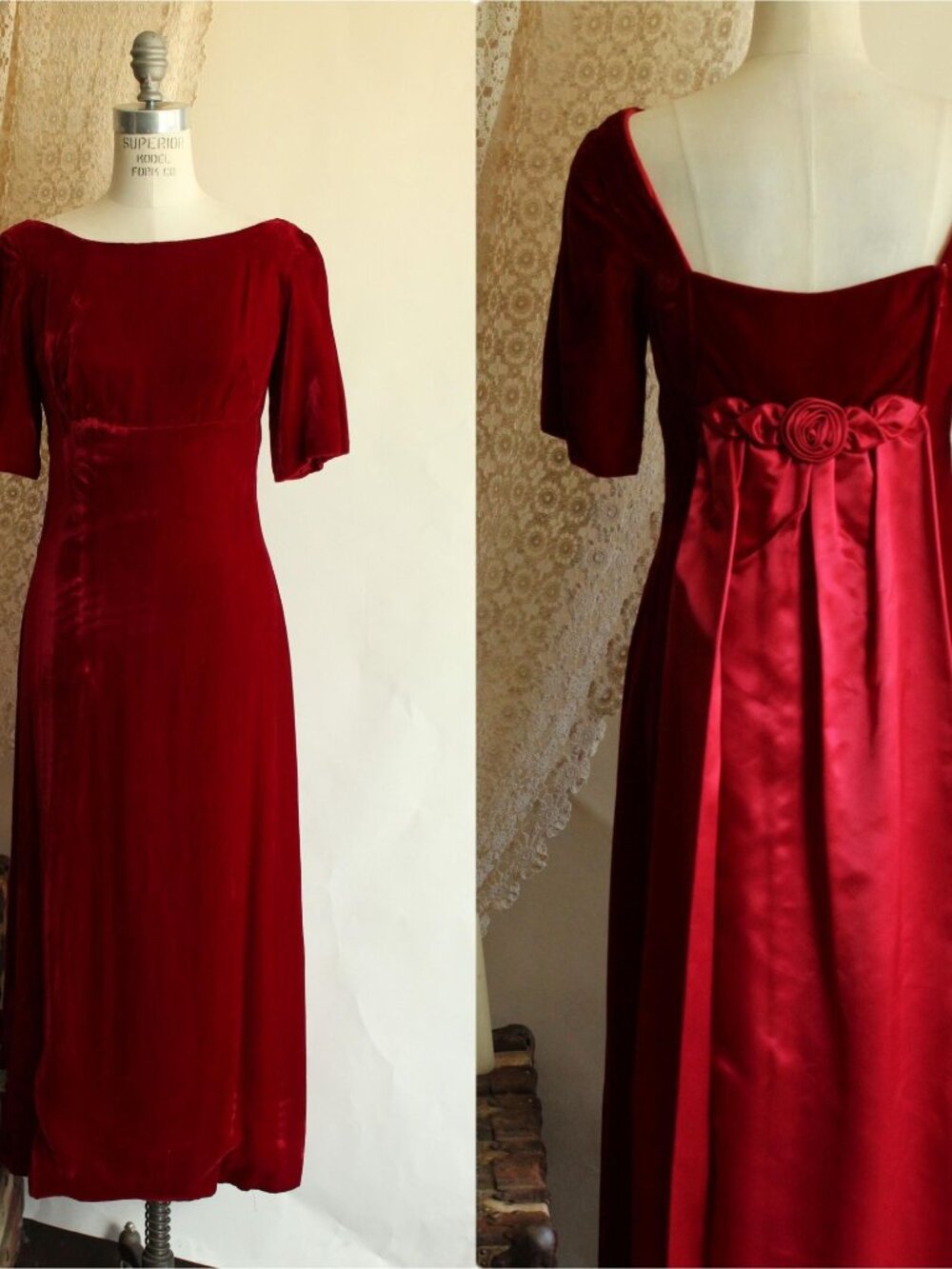 Vintage 1960s Dress, Red Velvet Gown with Watteau Style Satin Panel Back